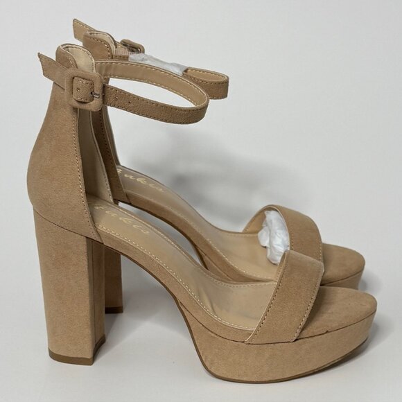 🤎 Beige Faux Suede Platform Block Heel Sandals Heels with Ankle Strap | Size 6 - Picture 4 of 8